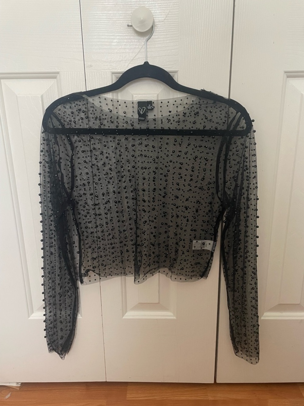 Windsor Black Sheer Beaded Long-Sleeve Crop Top
